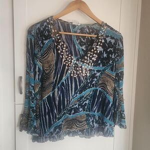 Alberto Makali Navy and Teal Patterned V-Neck Embellished Blouse